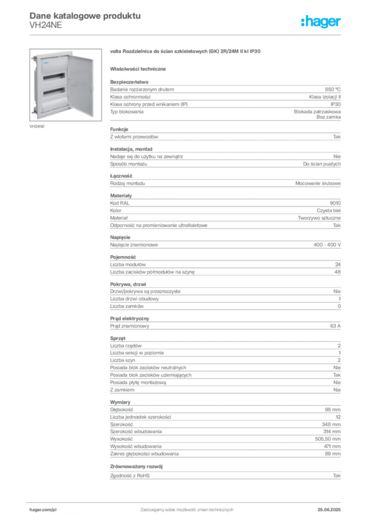 Zdjęcie Hager Karta katalogowa VH24NE | Hager Polska