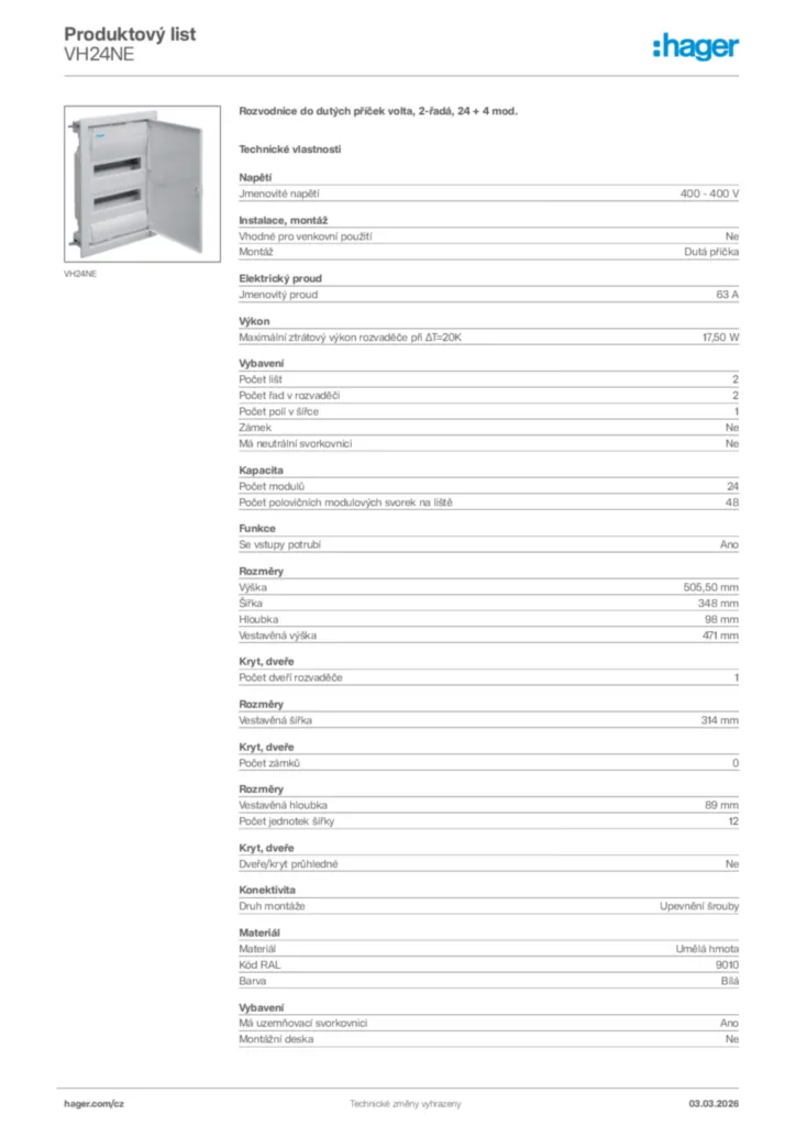 Obrázek Hager Product data sheet VH24NE | Hager