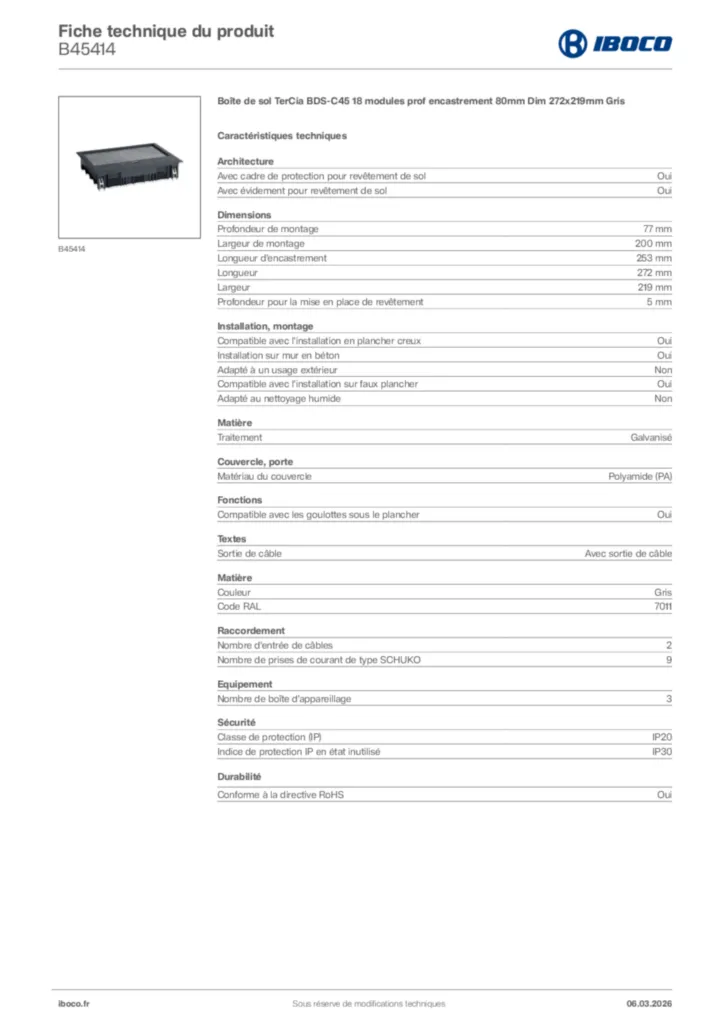 Image Iboco Fiche technique du produit B45414 | Hager France