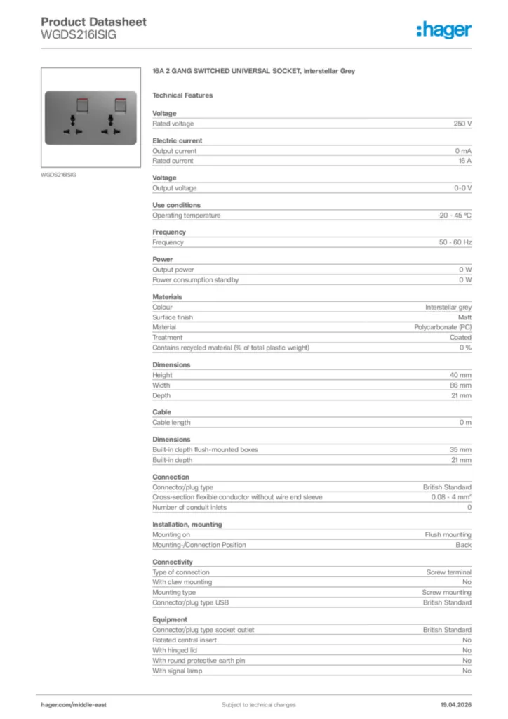 Image Hager Product data sheet WGDS216ISIG  | Hager