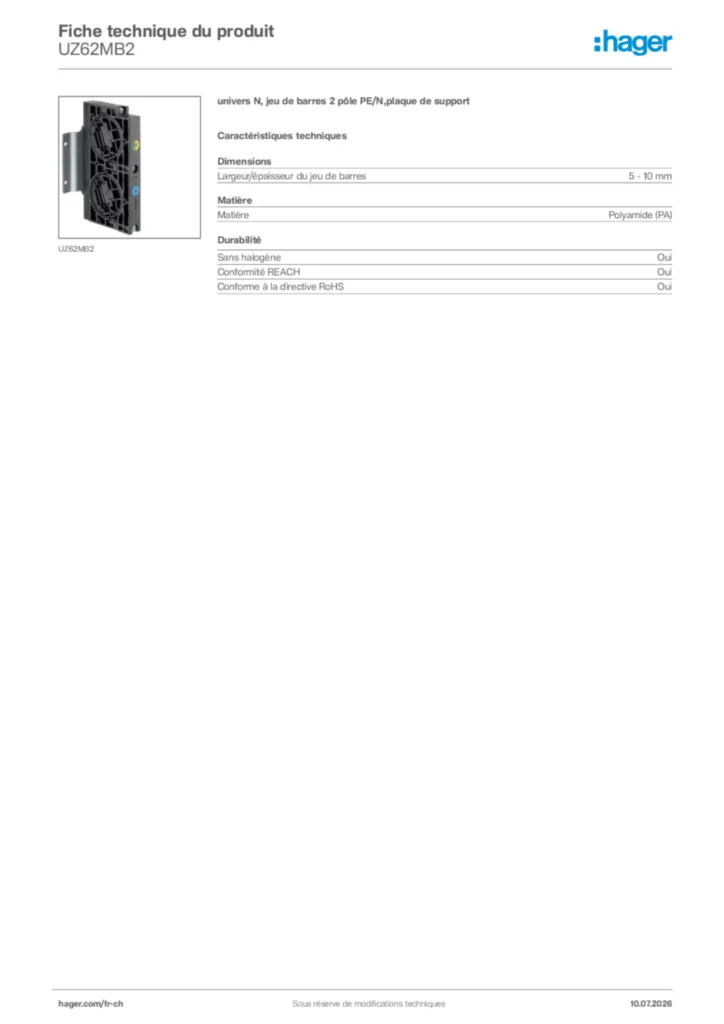 Image Hager Fiche technique du produit UZ62MB2 | Hager Suisse