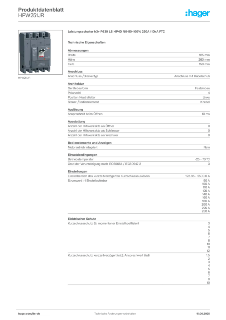 Bild Hager Produktdatenblatt HPW251JR | Hager Schweiz
