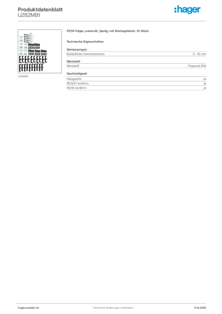 Bild Hager Produktdatenblatt UZ62MB1 | Hager Schweiz