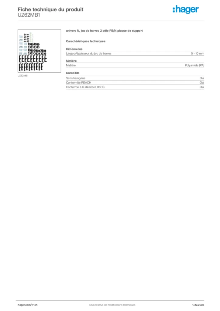 Image Hager Fiche technique du produit UZ62MB1 | Hager Suisse