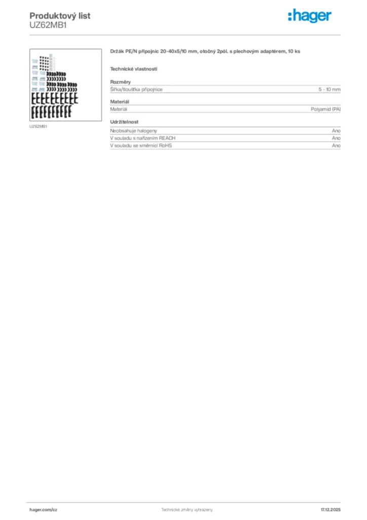Obrázek Hager Produktový list UZ62MB1 | Hager