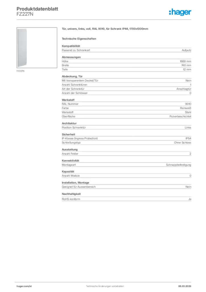 Bild Hager Produktdatenblatt FZ227N | Hager Deutschland