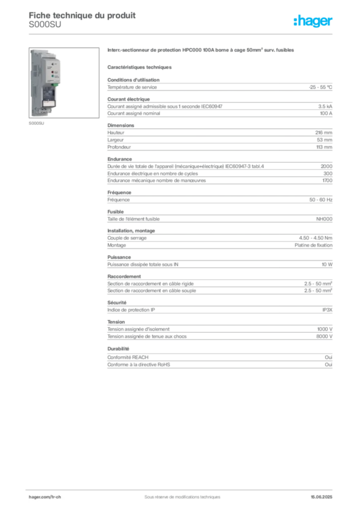 Image Hager Fiche technique du produit S000SU | Hager Suisse