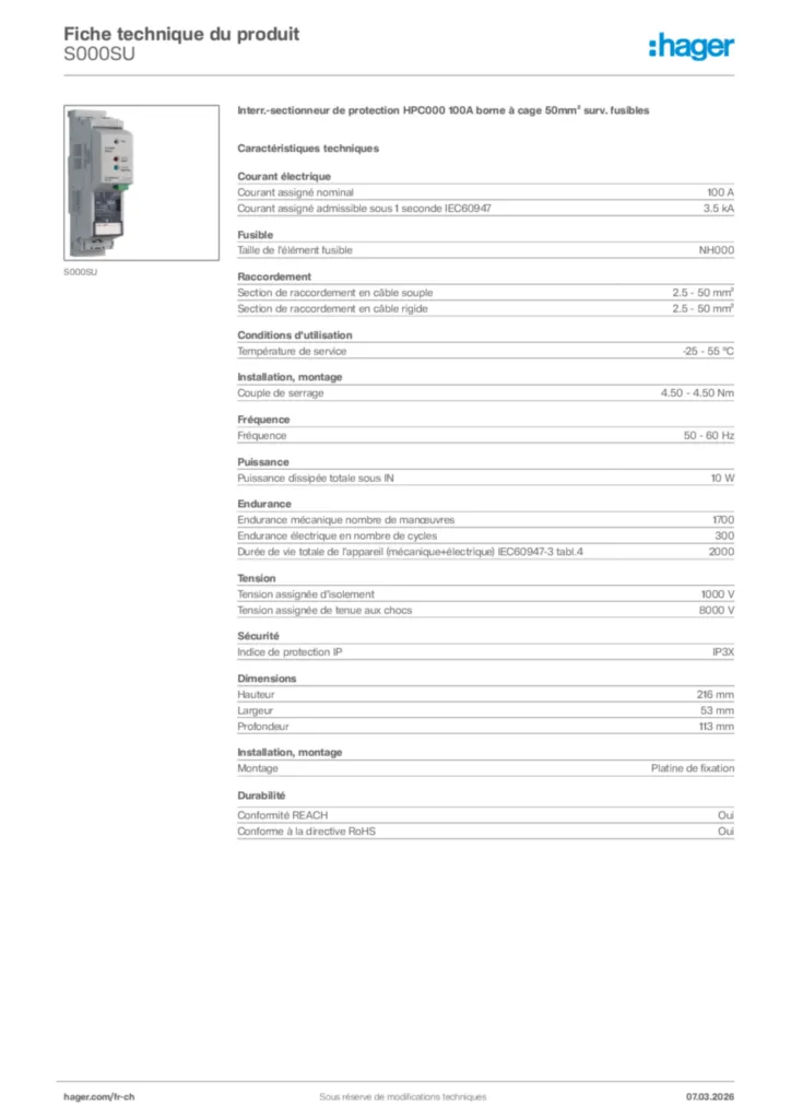 Image Hager Fiche technique du produit S000SU | Hager Suisse