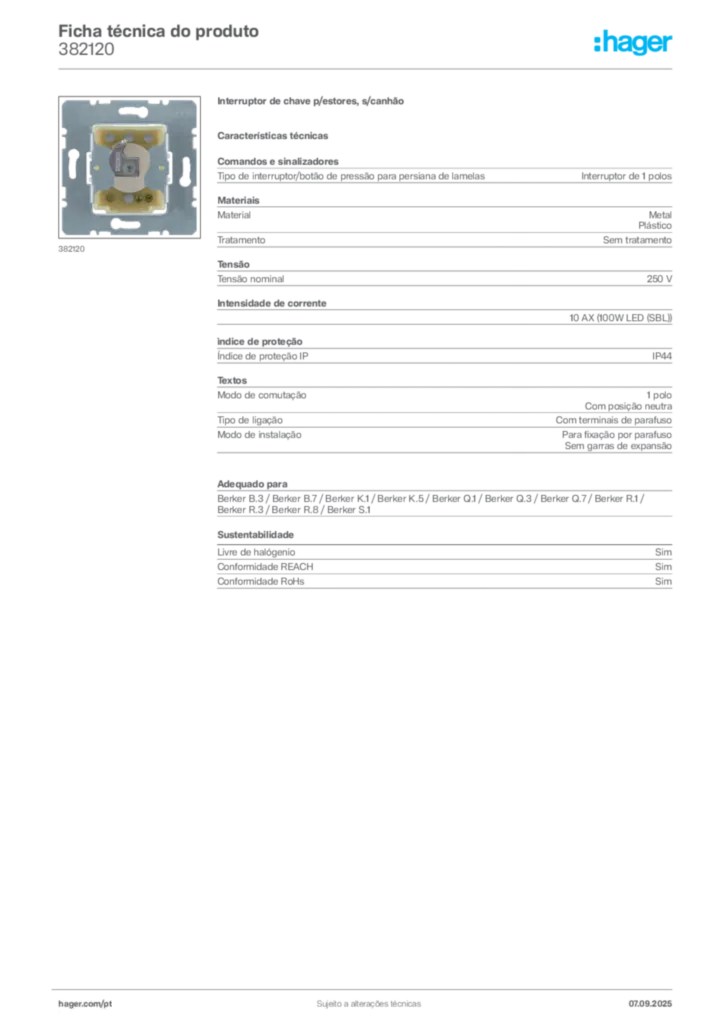 Imagem Hager Ficha técnica do produto 382120 | Hager Portugal