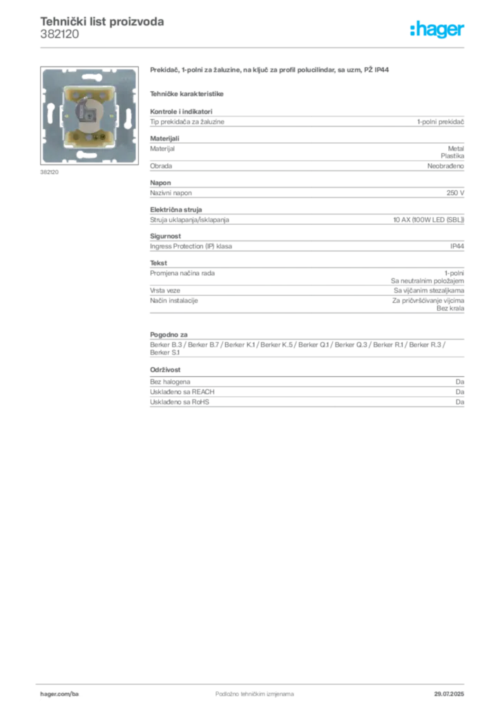 Slika Hager Product data sheet 382120  | Hager