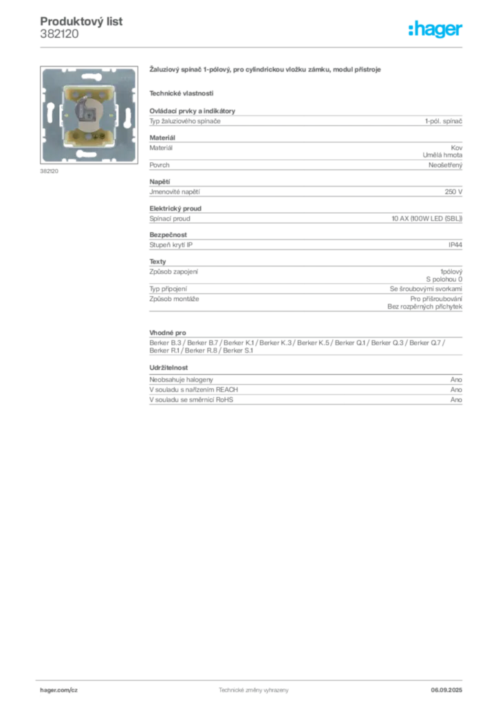 Obrázek Hager Produktový list 382120 | Hager