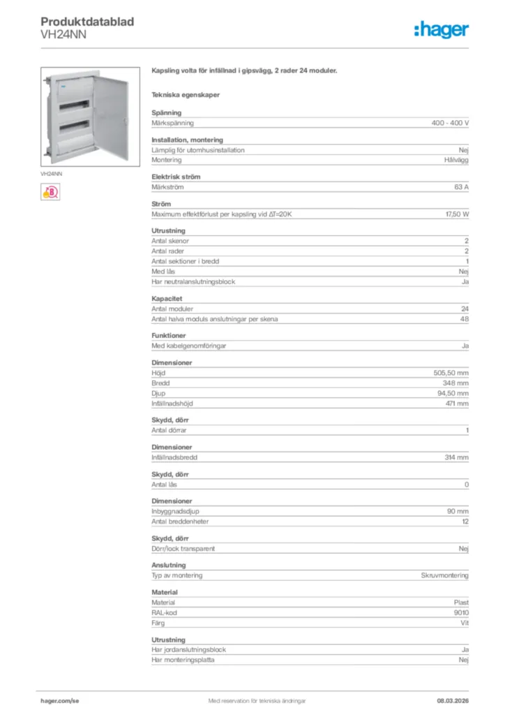 Bild Hager Produktdatablad VH24NN | Hager Sverige