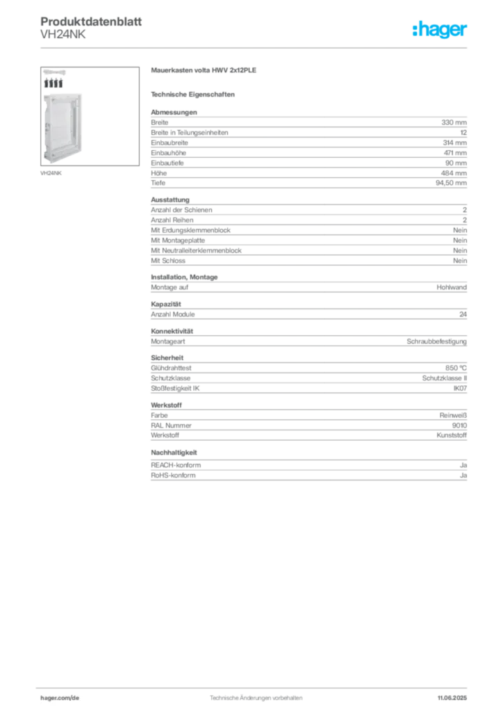 Bild Hager Produktdatenblatt VH24NK | Hager Deutschland