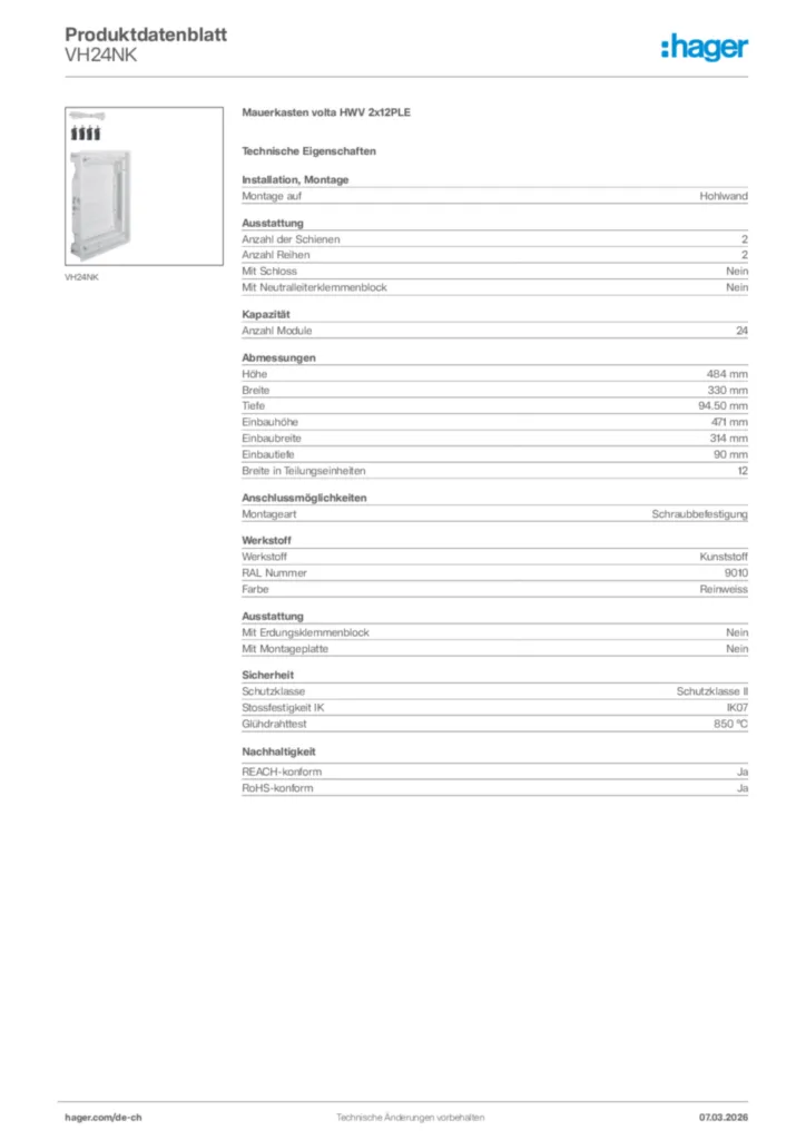 Bild Hager Produktdatenblatt VH24NK | Hager Schweiz