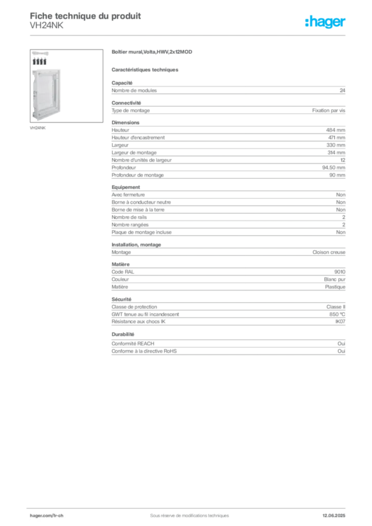 Image Hager Fiche technique du produit VH24NK | Hager Suisse