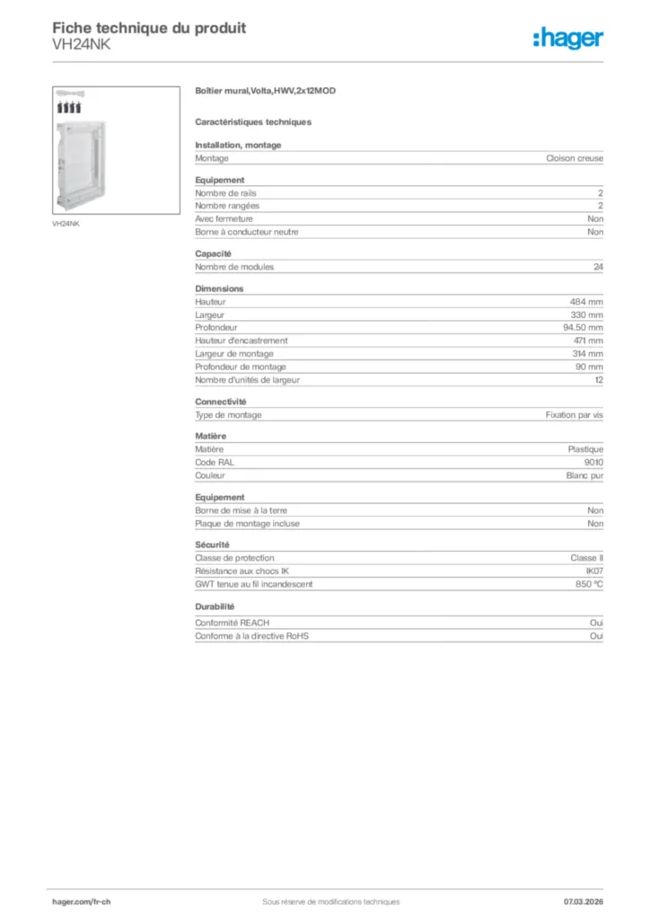 Image Hager Fiche technique du produit VH24NK | Hager Suisse
