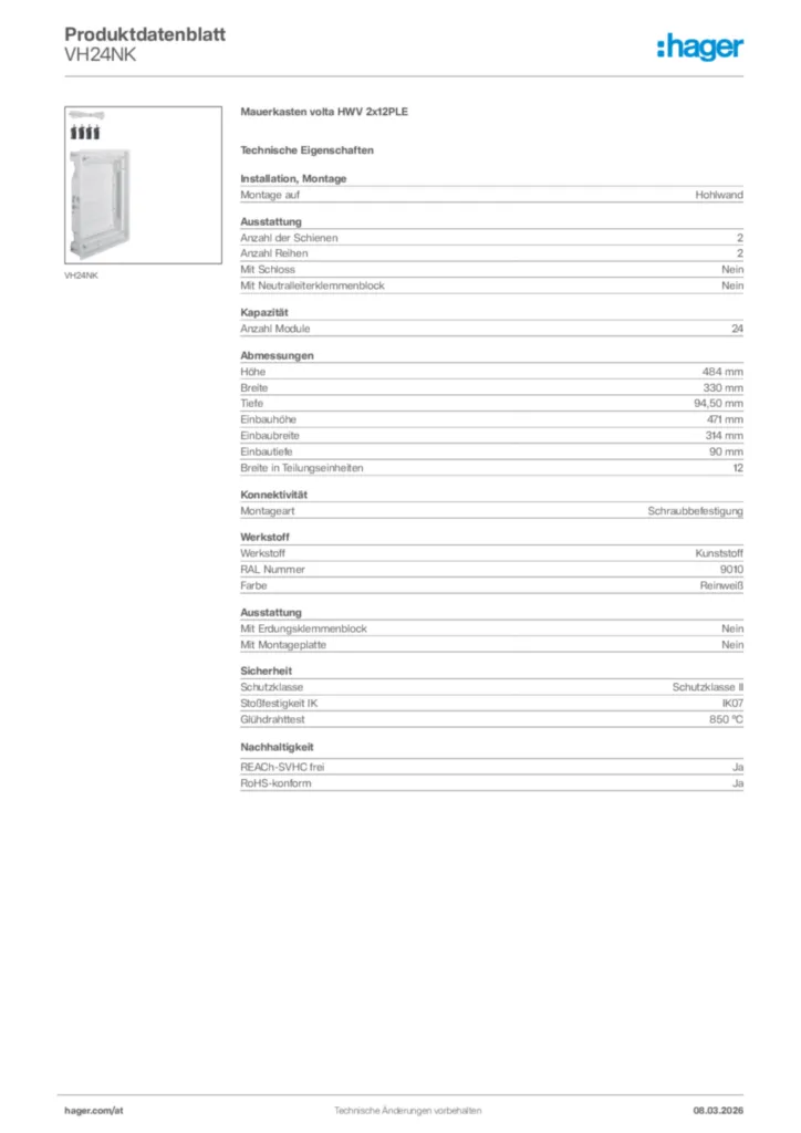 Bild Hager Produktdatenblatt VH24NK | Hager Deutschland