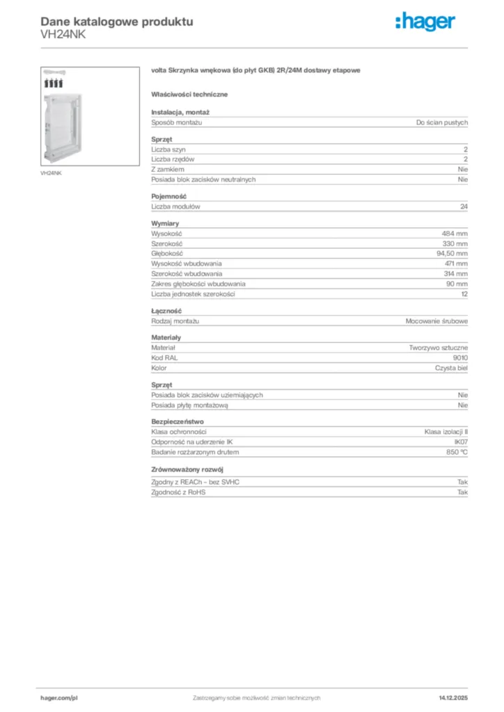 Zdjęcie Hager Karta katalogowa VH24NK | Hager Polska
