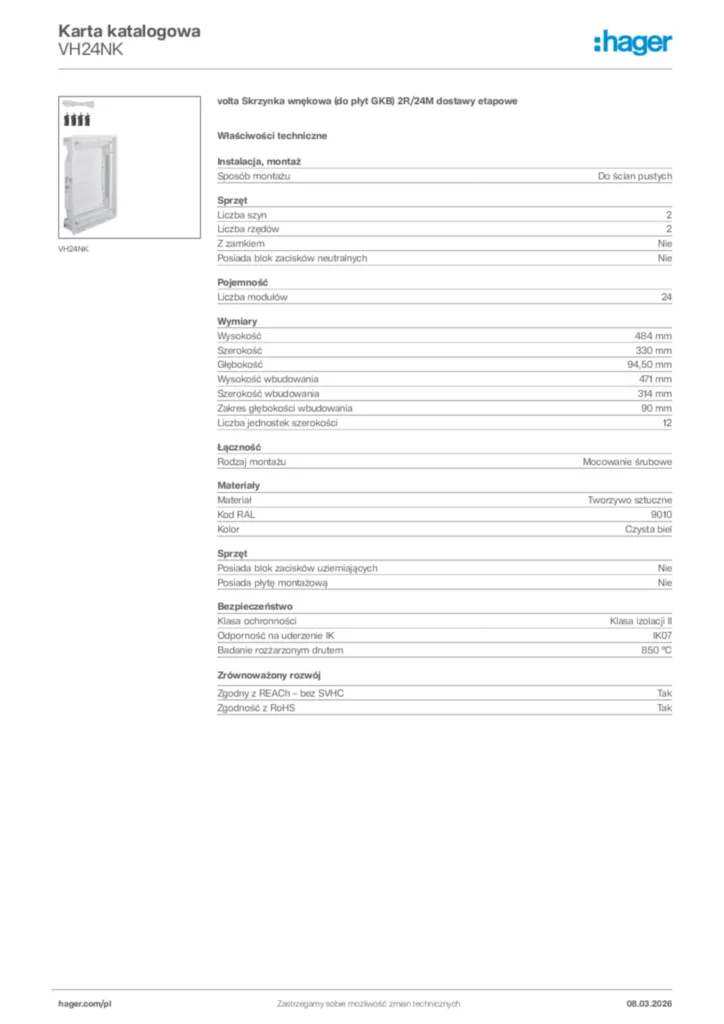 Zdjęcie Hager Karta katalogowa VH24NK | Hager Polska
