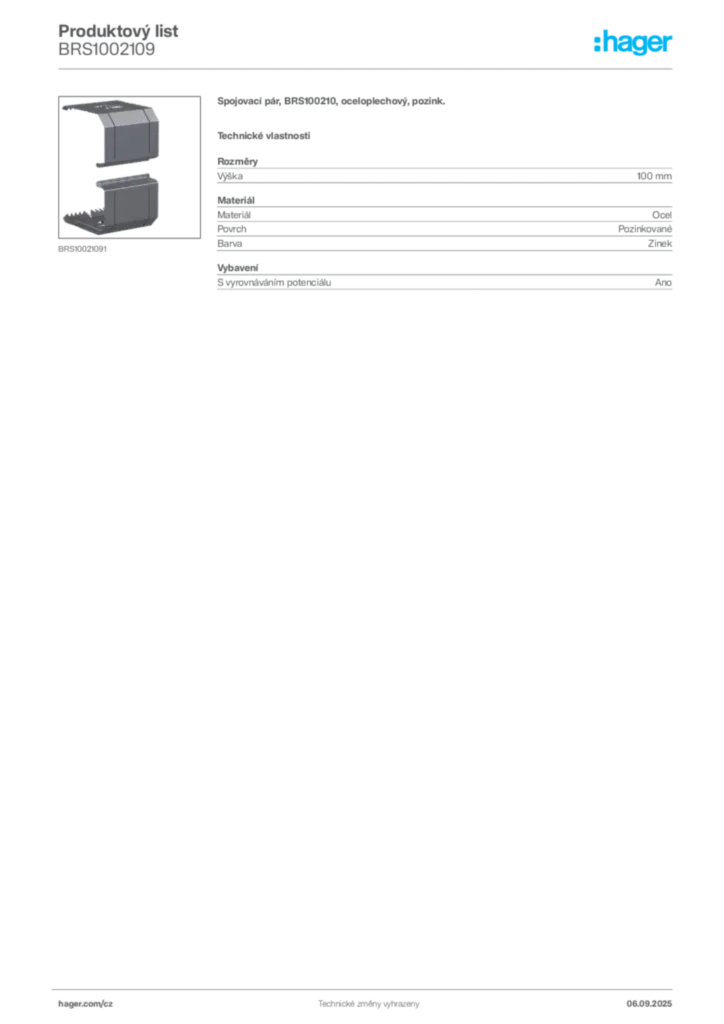 Obrázek Hager Produktový list BRS1002109 | Hager