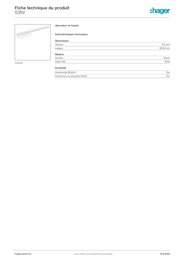 Image Hager Fiche technique du produit S35V | Hager Suisse