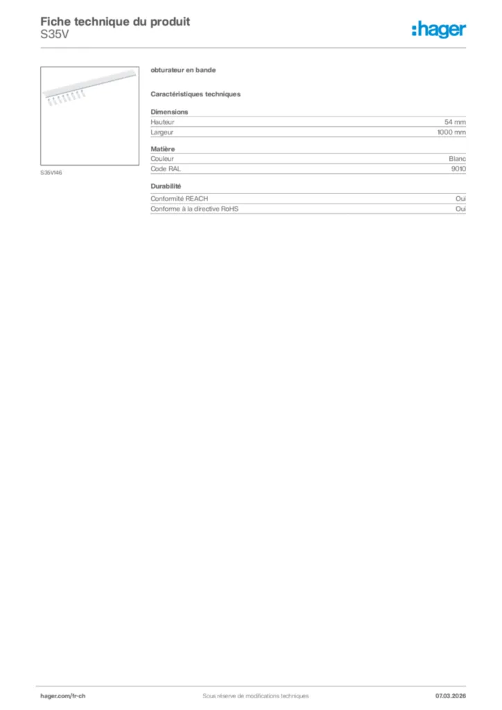 Image Hager Fiche technique du produit S35V | Hager Suisse