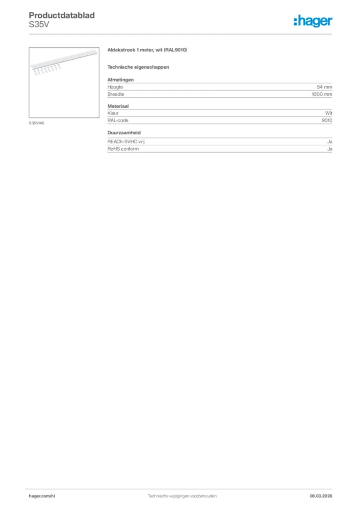 Afbeelding Hager Productdatablad S35V | Hager Nederland