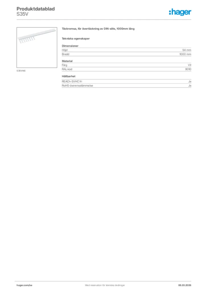 Bild Hager Produktdatablad S35V | Hager Sverige