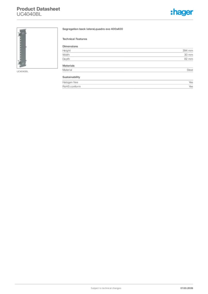 Image Hager Product data sheet UC4040BL  | Hager Africa