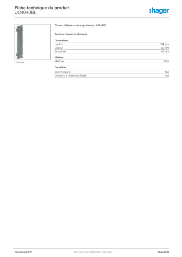 Image Hager Fiche technique du produit UC4040BL | Hager Afrique