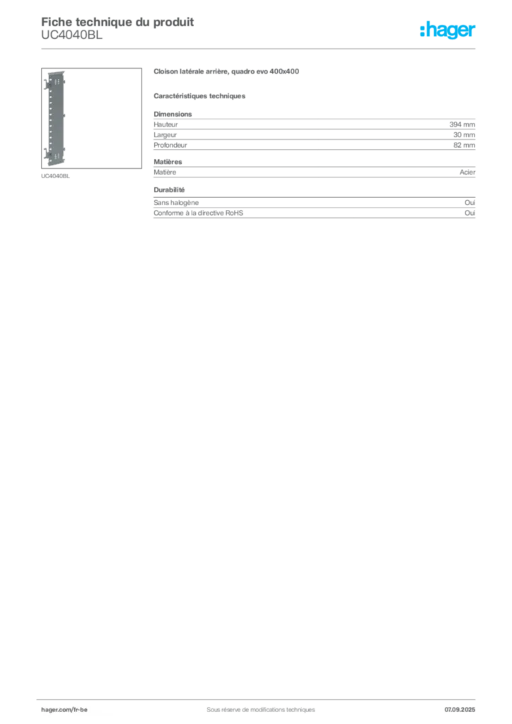 Image Hager Fiche technique du produit UC4040BL | Hager Belgique