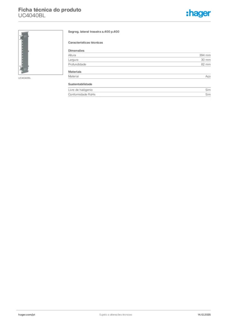 Imagem Hager Ficha técnica do produto UC4040BL | Hager Portugal