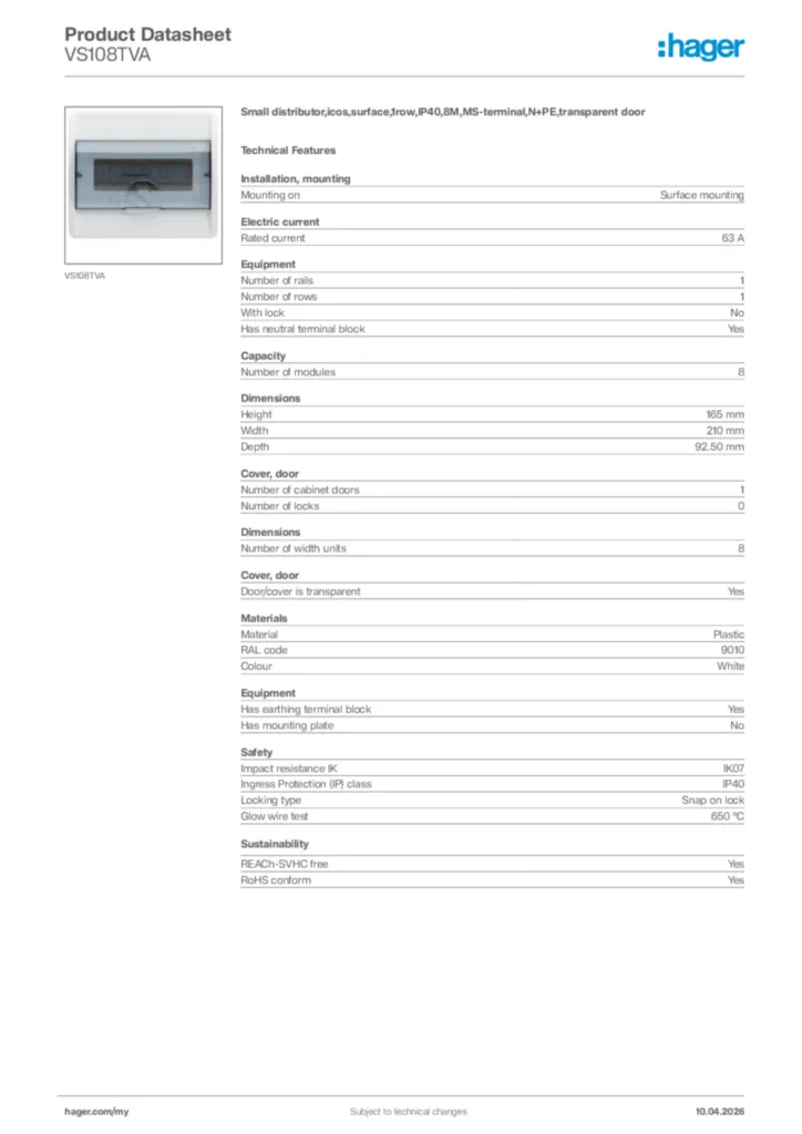 Image Hager Product data sheet VS108TVA  | Hager