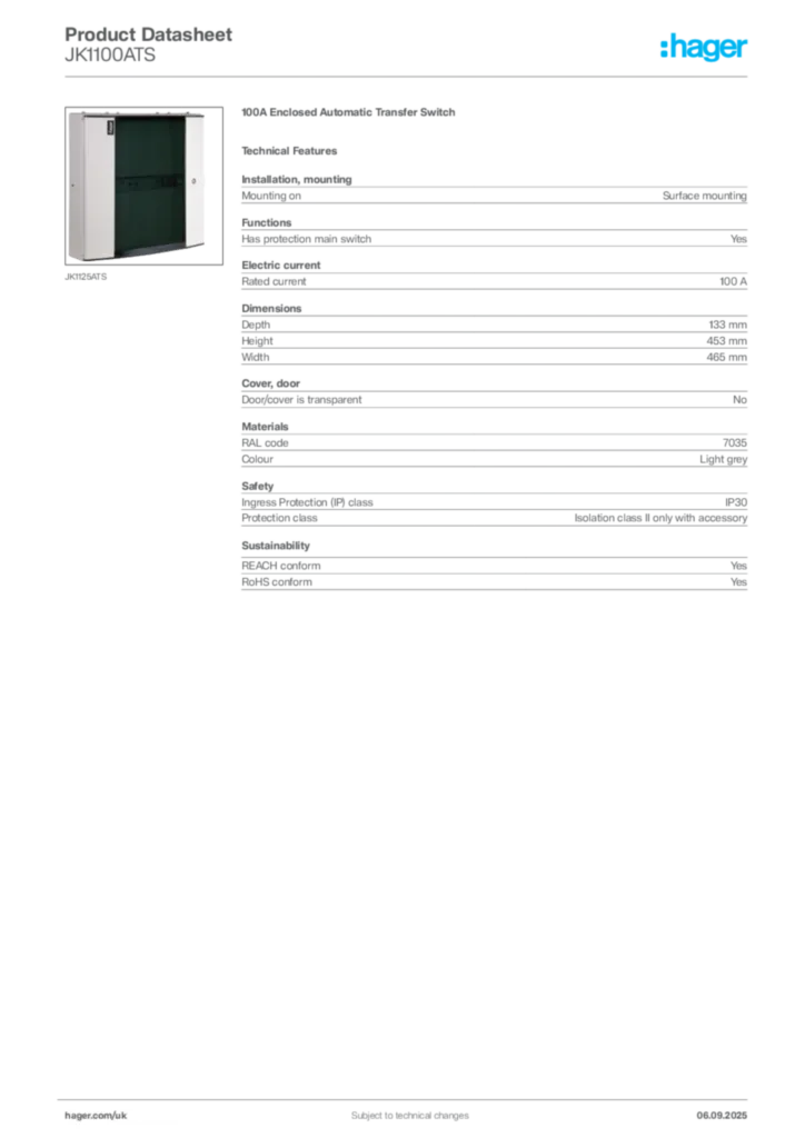 Image Hager Product data sheet JK1100ATS  | Hager