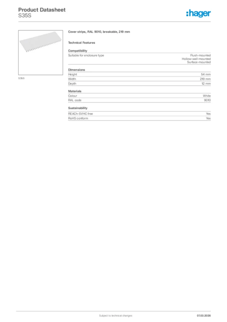 Image Hager Product data sheet S35S  | Hager Africa