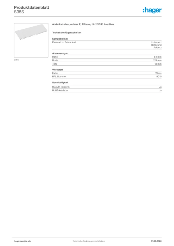 Bild Hager Produktdatenblatt S35S | Hager Schweiz