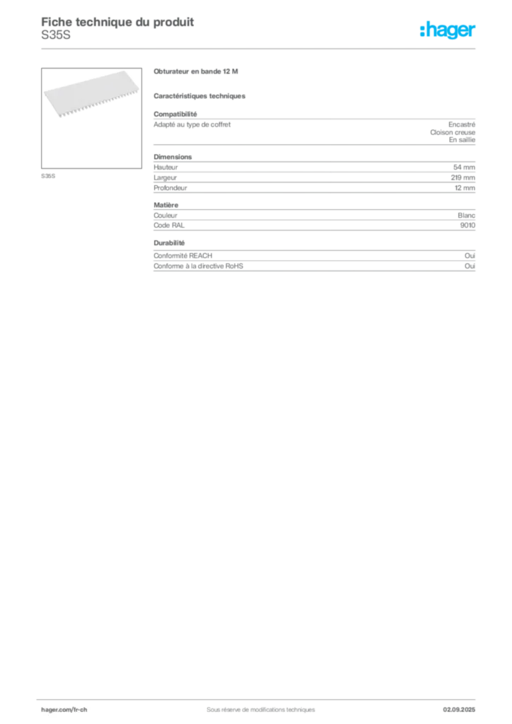 Image Hager Fiche technique du produit S35S | Hager Suisse