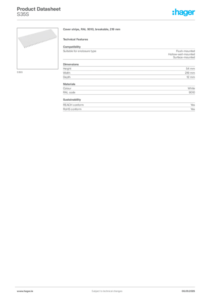 Image Hager Product data sheet S35S  | Hager