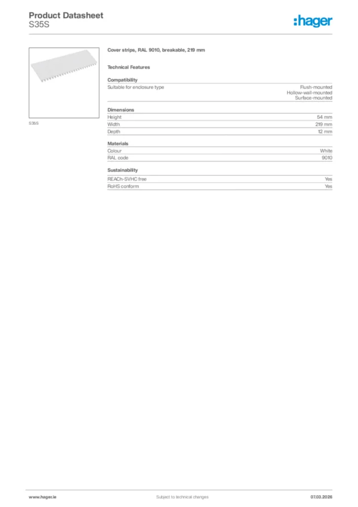 Image Hager Product data sheet S35S  | Hager