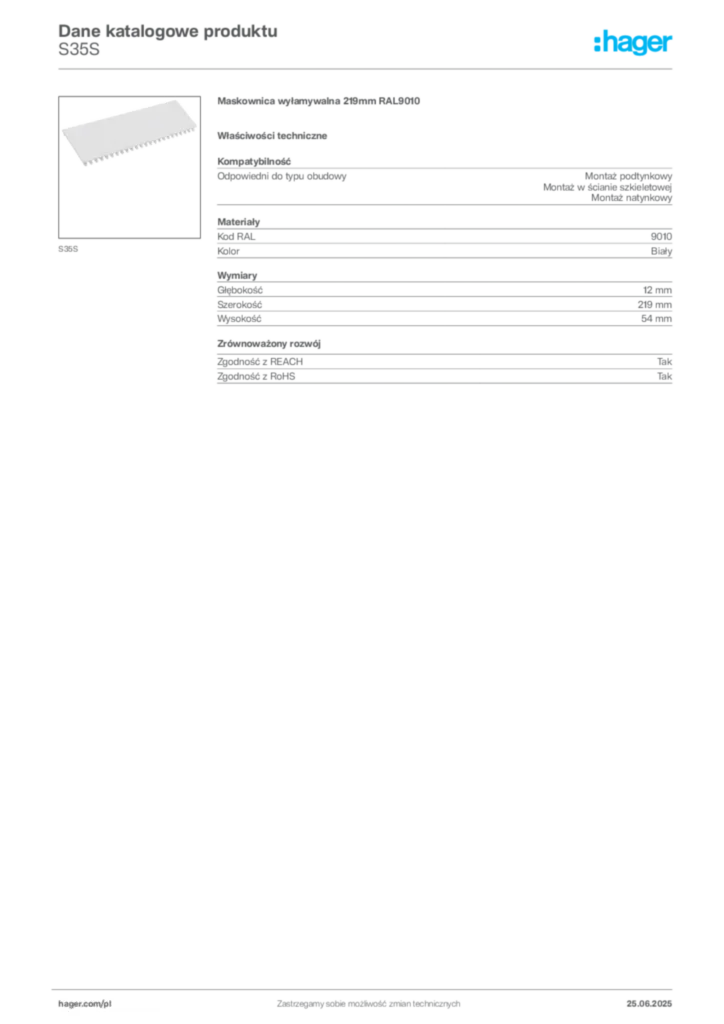 Zdjęcie Hager Karta katalogowa S35S | Hager Polska