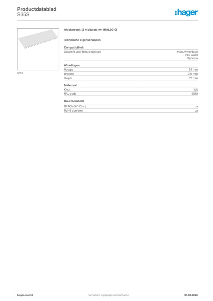 Afbeelding Hager Productdatablad S35S | Hager Nederland