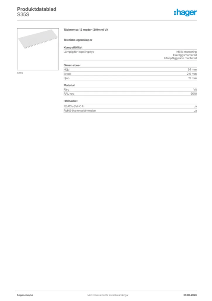 Bild Hager Produktdatablad S35S | Hager Sverige