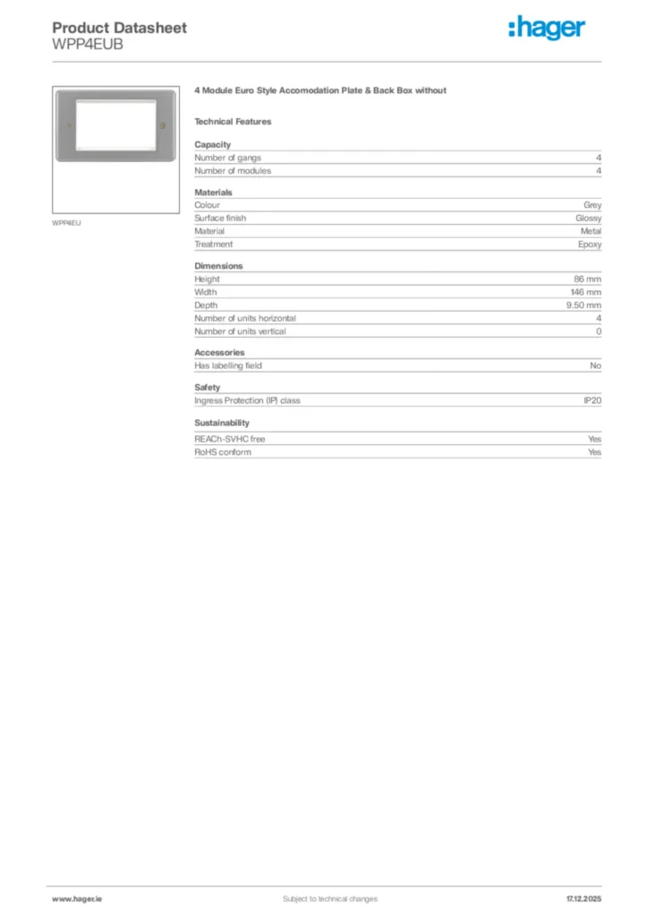 Image Hager Product data sheet WPP4EUB  | Hager