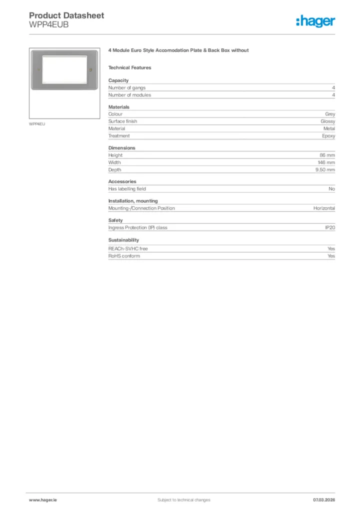 Image Hager Product data sheet WPP4EUB  | Hager
