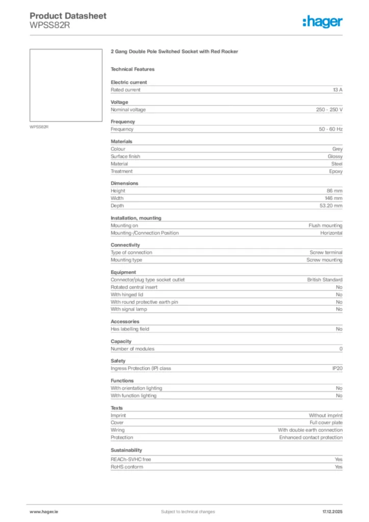 Image Hager Product data sheet WPSS82R  | Hager