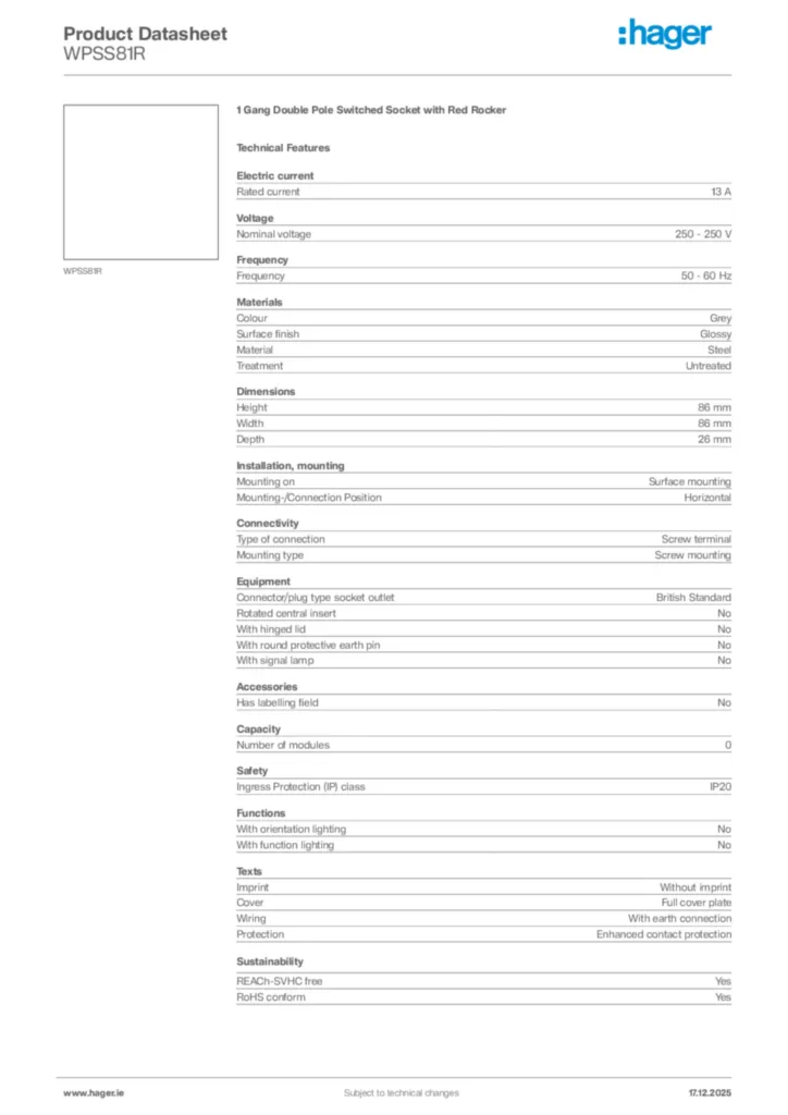 Image Hager Product data sheet WPSS81R  | Hager
