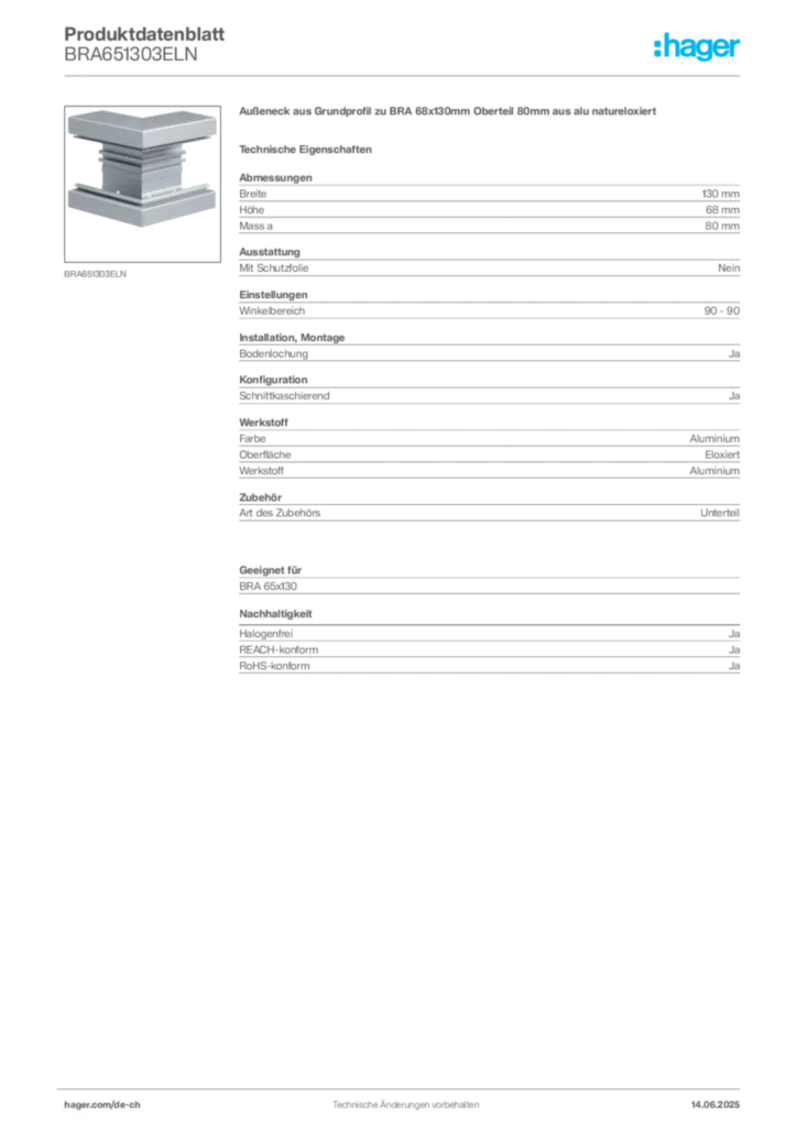 Bild Hager Produktdatenblatt BRA651303ELN | Hager Schweiz