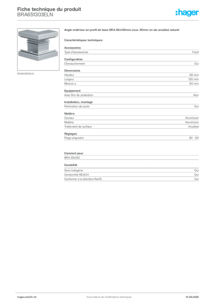 Image Hager Fiche technique du produit BRA651303ELN | Hager Suisse