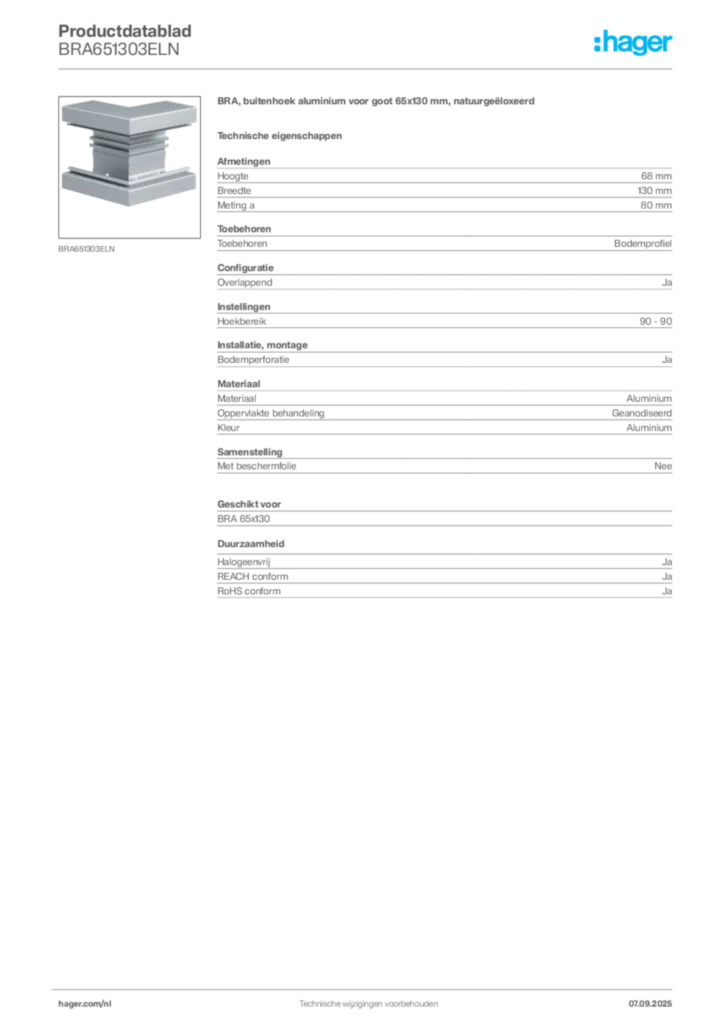 Afbeelding Hager Productdatablad BRA651303ELN | Hager Nederland