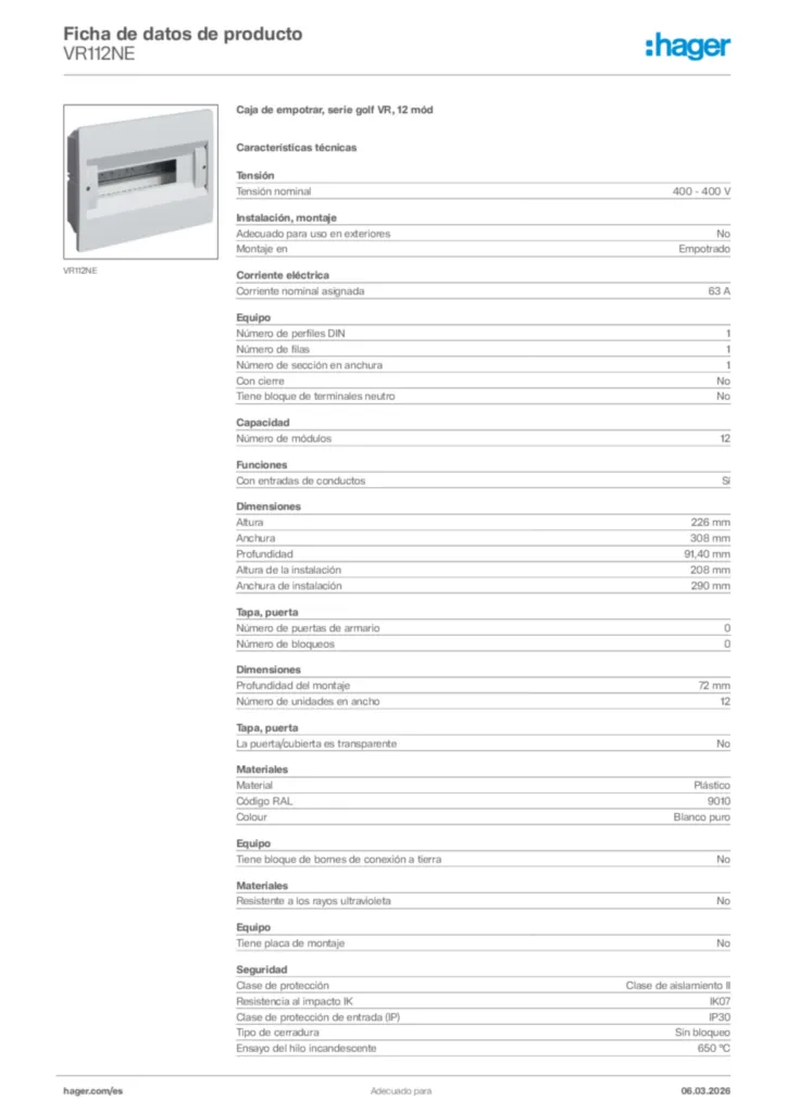 Imagen Hager Ficha de datos de producto VR112NE | Hager España